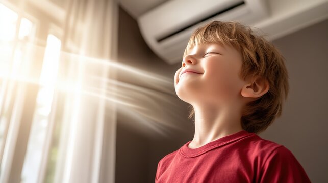 Young boy enjoys the warm sunlight streaming through the window, capturing a moment of joy and tranquility in a cozy indoor setting filled with natural light.