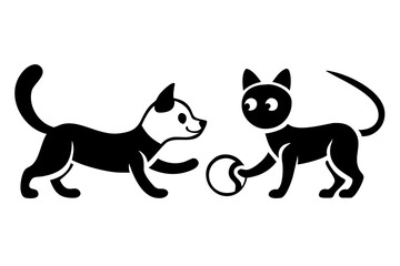 Playful flat vector silhouette of a cat and dog playing with a ball together