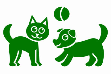 Playful green cat and dog illustration with a ball on a transparent background