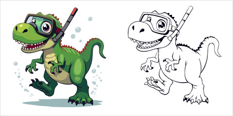 Vector fashion drawing for children, teenager t-shirt. 
Cute green dinosaur boy in scuba diving mask under water
isolated on transparent background with contour. 
Design for fabric, paper, clothing.