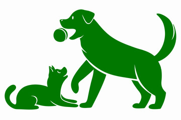 Playful green silhouette of a dog with ball and cat on a transparent background