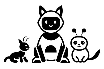 Playful silhouette design featuring a friendly ai robot and pet animals interacting