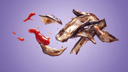 Obraz premium Flying Fried Eggplant with Ketchup on Purple Background.