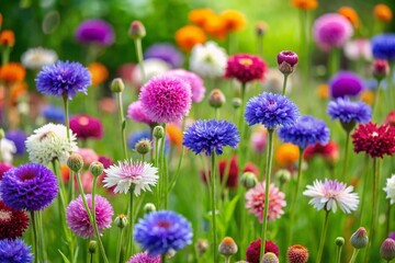 Bachelors Button flower garden on green background