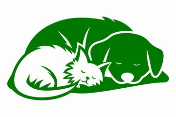 Sleeping dog and cat embracing green illustration on a white background