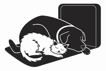 Sleeping cat and dog vector illustration in black and white with transparency for design use
