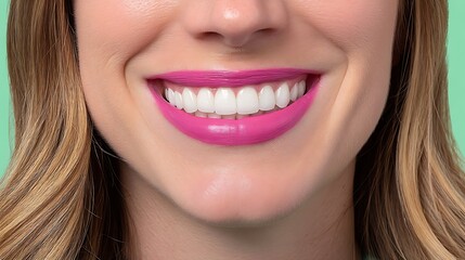 Obraz premium Close-Up of Smiling Woman with Bright Pink Lips and Radiant Teeth