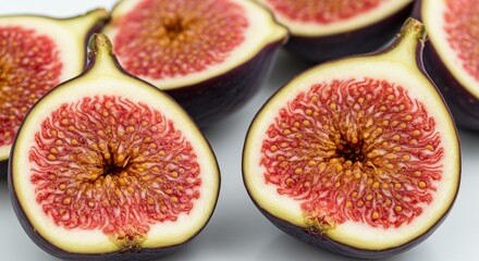 Exquisite Close-Up of Halved Figs: A Delightful Display of Nature's Sweetness and Vibrant Colors, Perfect for Culinary and Lifestyle Projects