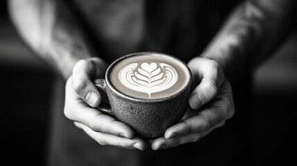 Hands Holding a Beautifully Crafted Coffee Cup with Latte Art in a Black and White Style, Capturing the Essence of Coffee Culture and Barista Skills
