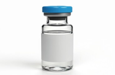 Isolated 3D render of vaccine glass vial on white background. Ampoule with label filled injection liquid. Medicine, healthcare, vaccination, pharmaceutical industry concept. Blank vial for medical,