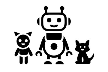 Adorable ai robot silhouette joyfully playing with various pet animals vector design