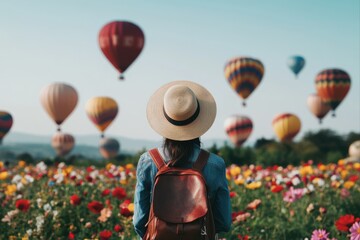Woman with backpack in flower field watching hot air balloons for travel blogs, adventure promotions, and tourism marketing.