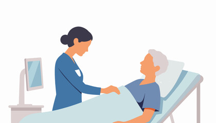 Elderly nurse providing compassionate care to patient in hospital room
