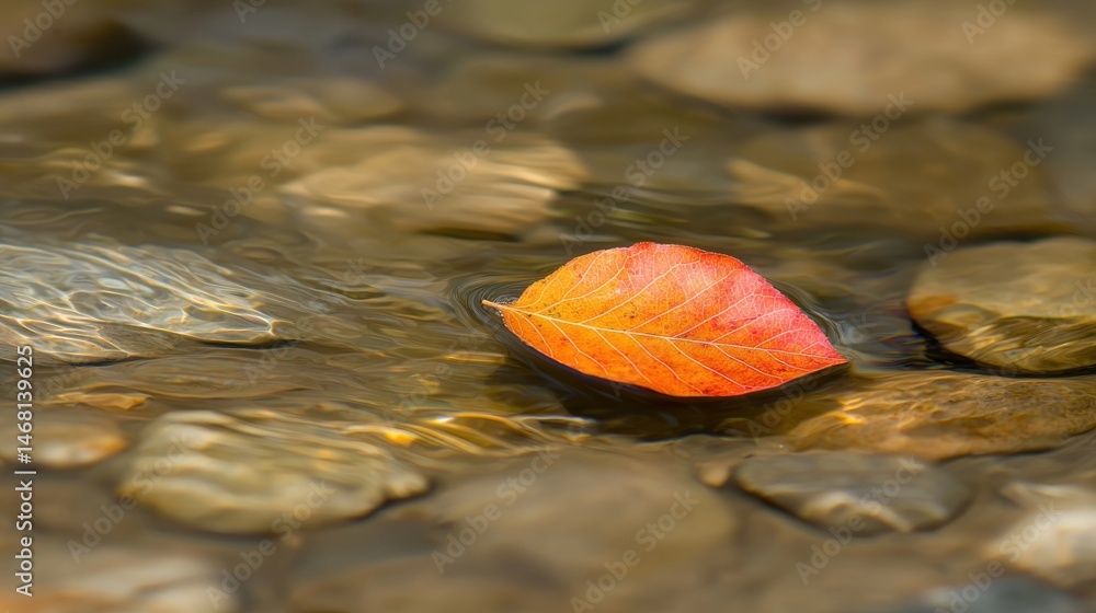 Poster a single red leaf floats on the surface of a shallow stream.