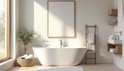 Modern minimalist bathroom with white bathtub. Light, airy space with decor. Elegant hotel, home bathroom. Fresh clean interior design, relaxing mood. Wooden ladder for towels. Spa concept.