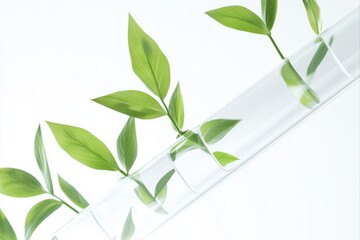 Fototapeta premium Green leaves inside a glass tube for environmental science concepts, botanical studies, and organic product promotion.