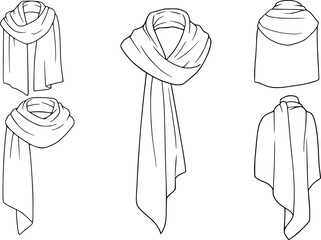 set of women's scarf flat sketch vector illustration cad mock up template
