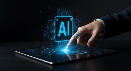 Businessman interacting with artificial intelligence ai technology using a digital tablet interface