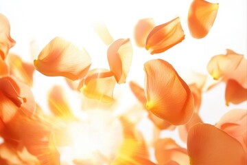 Falling orange petals with bright light for romantic events and wedding designs, spa and beauty product promotions, and spring celebrations.