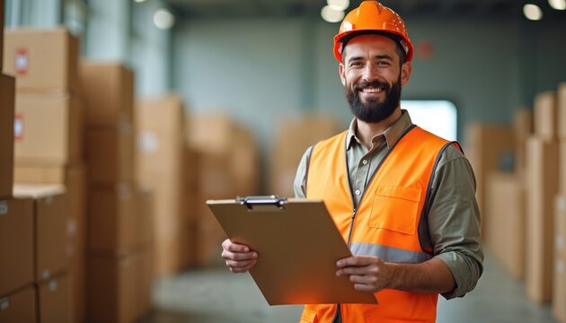 Smiling worker with beard, orange safety vest and hard hat in warehouse. Man holding clipboard, reviewing logistics, shipping, cargo. Happy employee in manufacturing. Business. Industry.