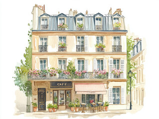 Watercolor illustration of charming Parisian building with bistro cafe and flower boxes on classic facade
