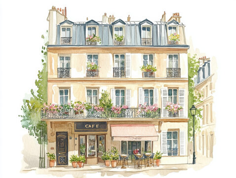 Watercolor illustration of charming Parisian building with bistro cafe and flower boxes on classic facade

