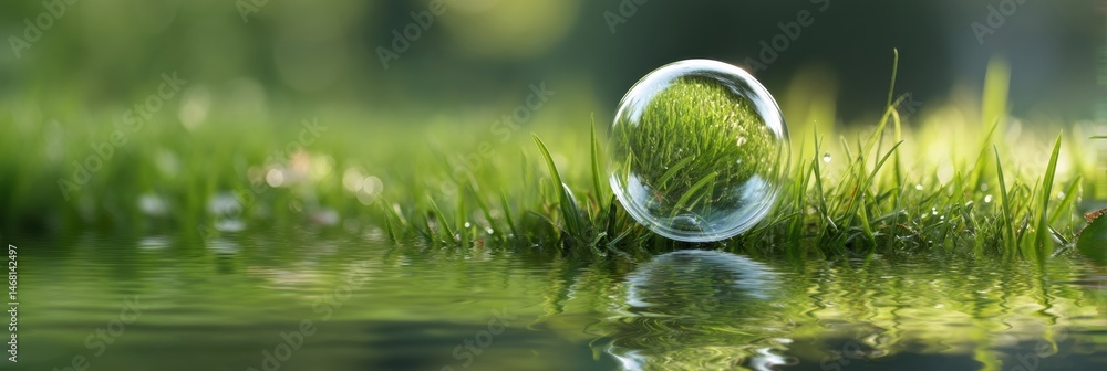 Poster bubble floating gently above lush green grass with clear reflections in tranquil sunlight generative