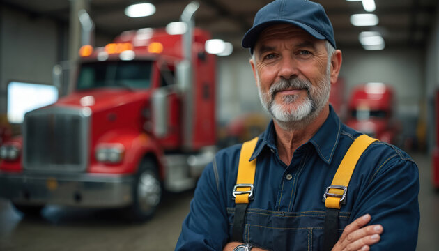 Truck repair shop owner portrait with arms crossed. Smiling mechanic in workshop with red truck on the background. Man in workwear looks at camera. Auto service, occupation, pro job.