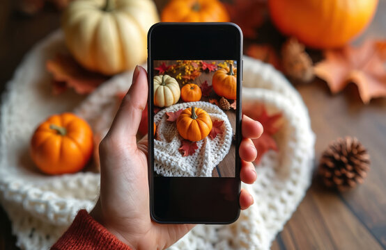 Person taking photo autumn composition with smartphone. Photo shows pumpkins maple leaves cozy arrangement. Blogger shoots video with mobile for social media, creating home autumn scene. - Powered by Adobe