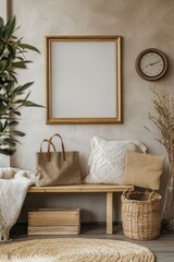 Rustic entryway vignette with framed art.  Cozy, neutral tones and natural elements create a warm and welcoming space