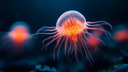Obraz premium Mystical jellyfish glows in the deep sea with long tentacles and smooth skin