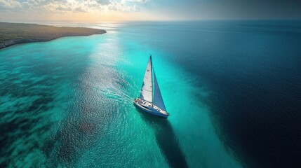 Sailing Yacht in Turquoise Waters: A Serene Aerial View