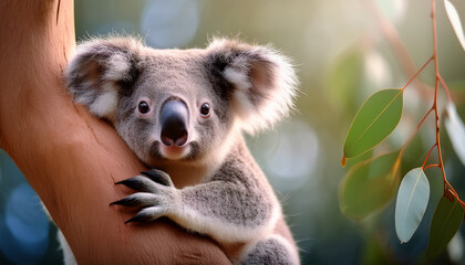 Naklejka premium gentle koala with a soft gaze on a eucalyptus green blurred backdrop