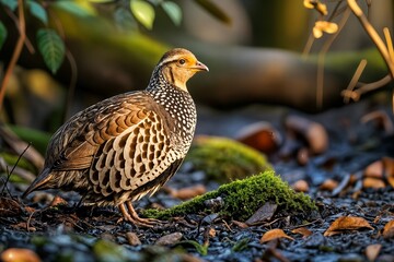 beautiful game bird likely a female pheasant or partridge standing on the forest floor concept hermosa ave de caza probablemente una hembra de faisán o perdiz de pie en el suelo sülün bıldırcın
