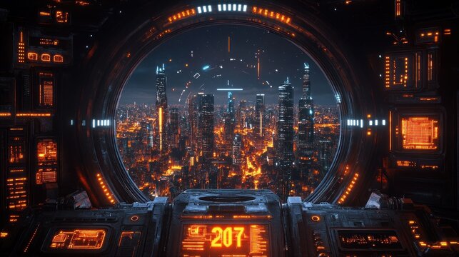 Futuristic Cityscape Viewed From a Spaceship Window in 2077