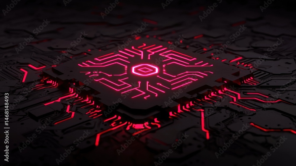 Poster a 3d rendering of a circuit board with a bright pink square in the center.