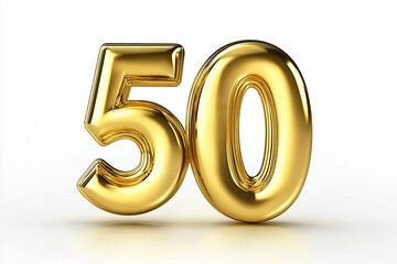 Shiny Gold Number Fifty 3D Render on White Background