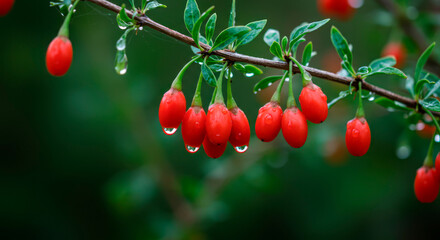 Obraz premium Fresh goji berries on branch with raindrops and green background