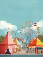 Colorful Carnival Atmosphere With a Ferris Wheel and Vibrant Tents Under a Clear Blue Sky During a Summer Festival Generative AI