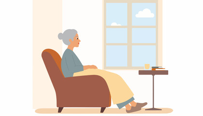 Elderly woman relaxing in cozy chair by window, peaceful wellness