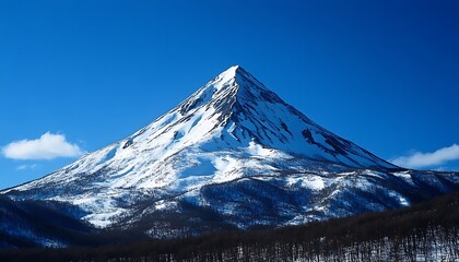 Snowy Mountain Peak Under Clear Blue Sky, Mountainscape, Forest Trees on the Ground