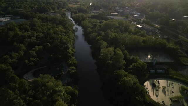 Aerial of Yadkin River in Elkin North Carolina at sunset