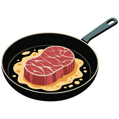 Steak frying pan cooking isolated vector illustration on white background