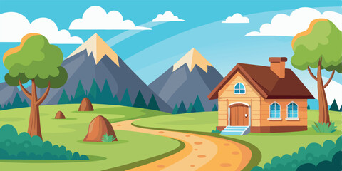 Fototapeta premium A vector illustration of a rural summer village landscape with a house, green fields, and mountains under a blue sky