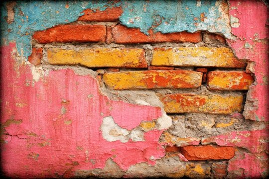 Aged brick wall with peeling paint