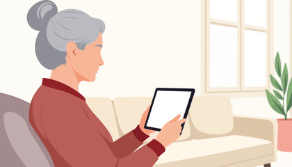 Elderly woman engaging in video call at home, fostering connection