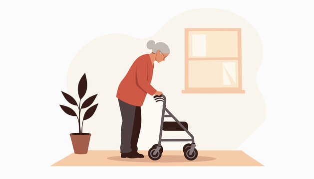 Elderly woman demonstrating resilience with walker in minimalist setting, support
