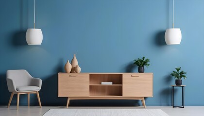 Modern Living Room Interior with Light Wood Sideboard and Teal Wall