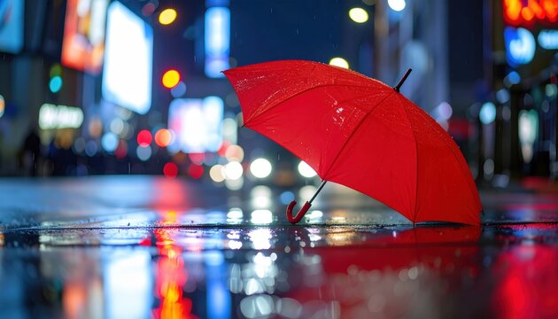 Red umbrella in rainy city street highlights contrast, solitude, urban life and resilience in chaos - Powered by Adobe