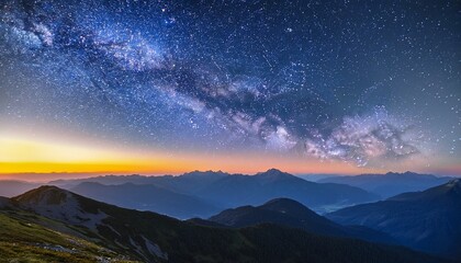 Naklejka premium serene night sky over majestic mountain range with a vivid milky way galaxy display